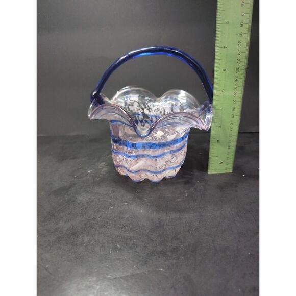 Hand Blown Art Glass Basket w/ Cobalt Blue Spiral White Opalescent Splatter Wavy - Picture 8 of 10